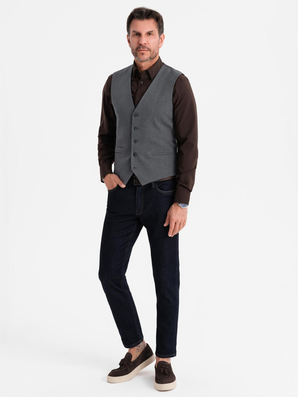Ombre Clothing Pánska sivá obleková vesta s klasickými detailmi a podšívkou