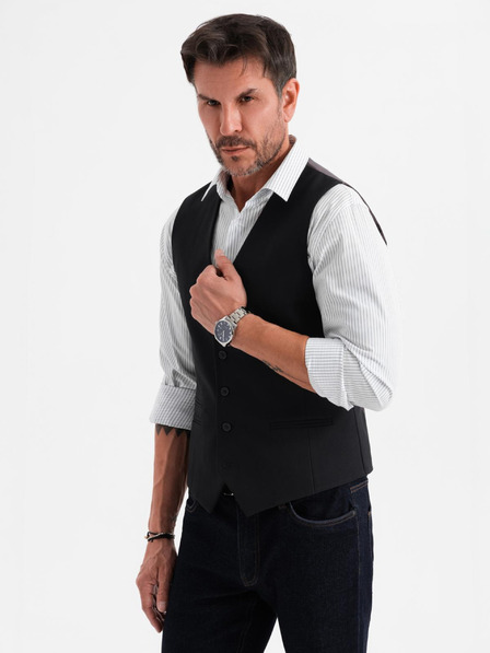 Ombre Clothing Pánska čierna obleková vesta s klasickými detailmi a podšívkou