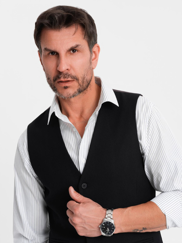 Ombre Clothing Pánska čierna obleková vesta s klasickými detailmi a podšívkou