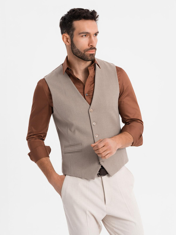Ombre Clothing Pánska béžová obleková vesta s klasickými detailmi a podšívkou