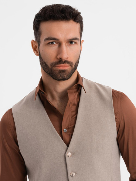Ombre Clothing Pánska béžová obleková vesta s klasickými detailmi a podšívkou