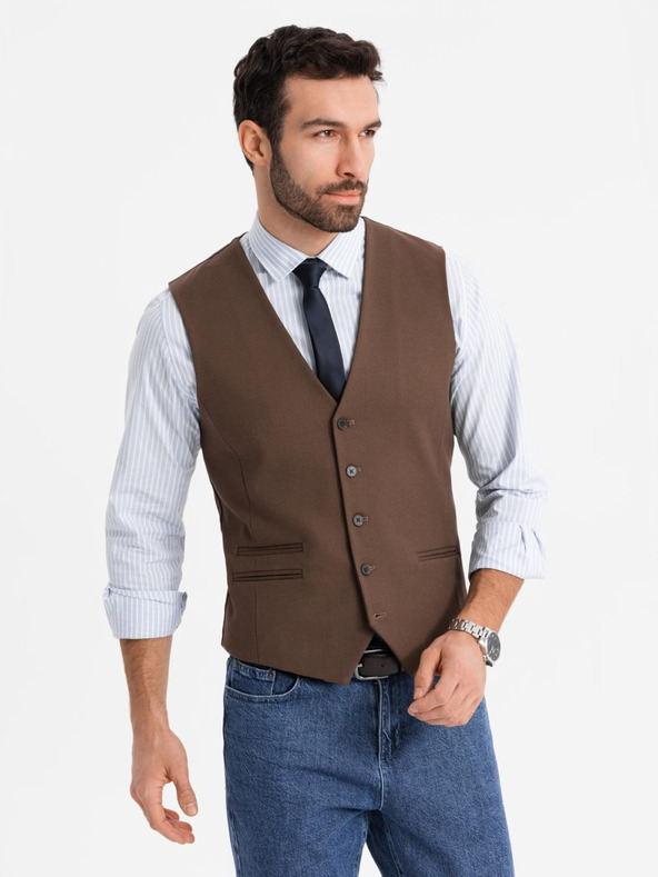 Ombre Clothing Pánska hnedá obleková vesta s klasickými detailmi a podšívkou