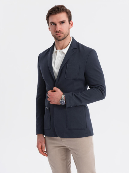 Ombre Clothing Pánske tmavomodré sako SLIM z jemne štruktúrovanej pleteniny