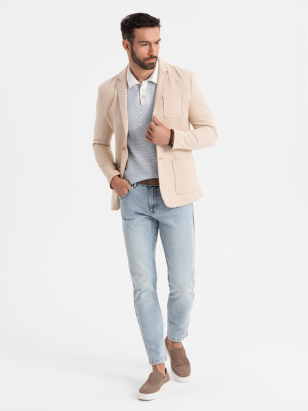 Ombre Clothing Pánske béžové sako SLIM z jemne štruktúrovanej pleteniny
