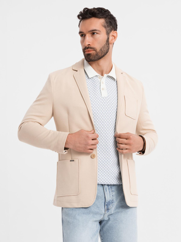 Ombre Clothing Pánske béžové sako SLIM z jemne štruktúrovanej pleteniny