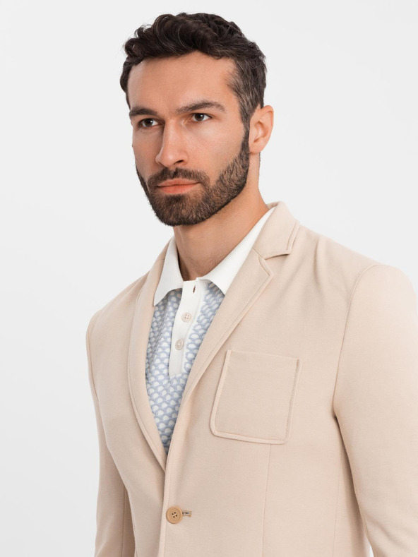 Ombre Clothing Pánske béžové sako SLIM z jemne štruktúrovanej pleteniny
