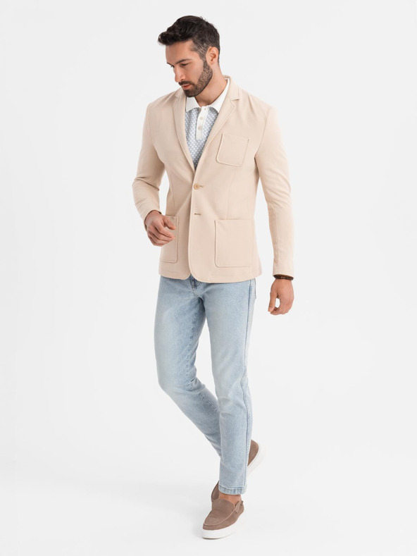Ombre Clothing Pánske béžové sako SLIM z jemne štruktúrovanej pleteniny