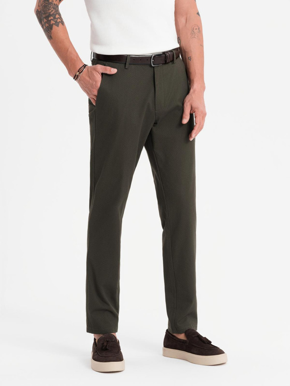 Ombre Clothing Pánske chino nohavice REGULAR FIT s jemnou štruktúrou - tmavozelené