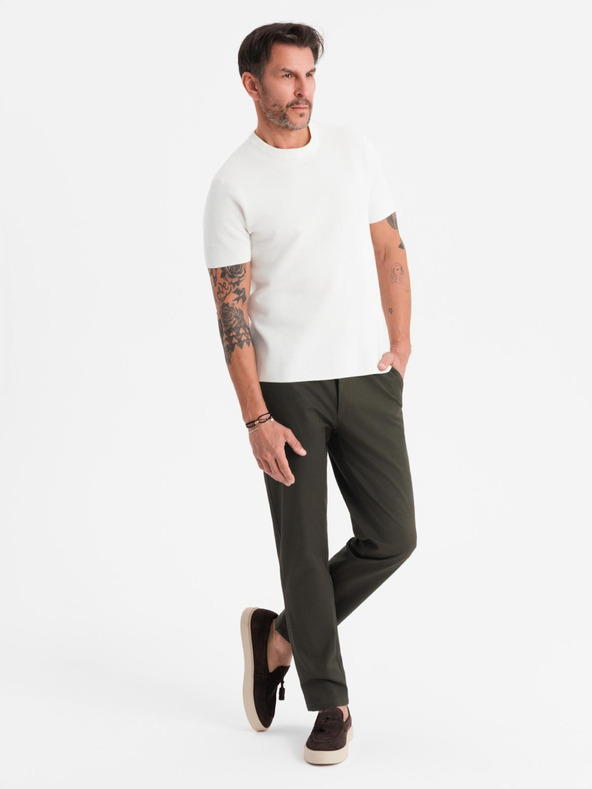 Ombre Clothing Pánske chino nohavice REGULAR FIT s jemnou štruktúrou - tmavozelené