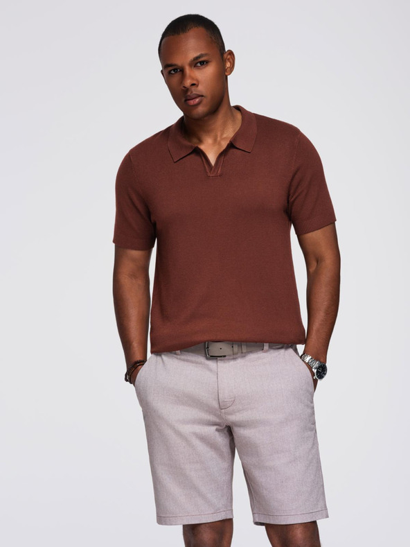 Ombre Clothing Pánske polo tričko bez gombíkov s klasickou väzbou - tmavohnedá