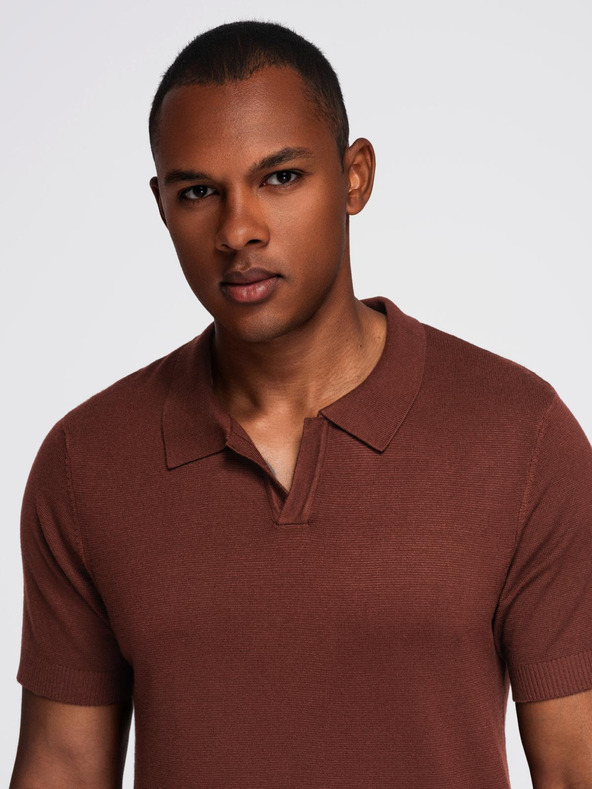 Ombre Clothing Pánske polo tričko bez gombíkov s klasickou väzbou - tmavohnedá