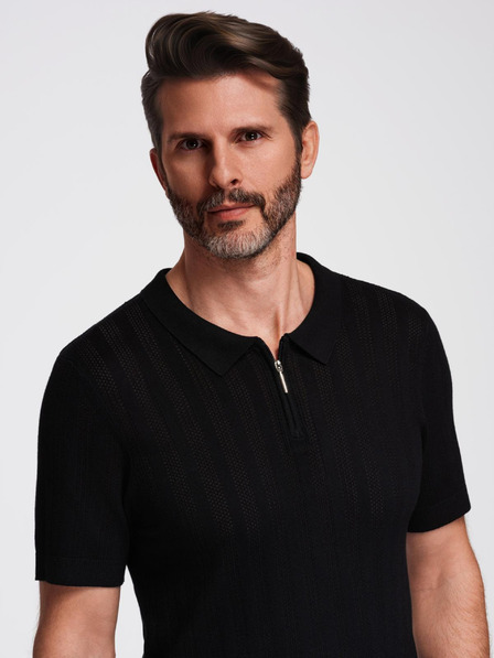 Ombre Clothing Pánske polo tričko so zipsom pri výstrihu - čierna