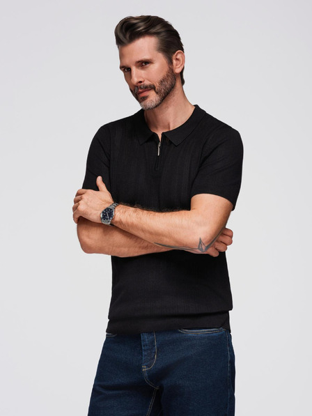 Ombre Clothing Pánske polo tričko so zipsom pri výstrihu - čierna