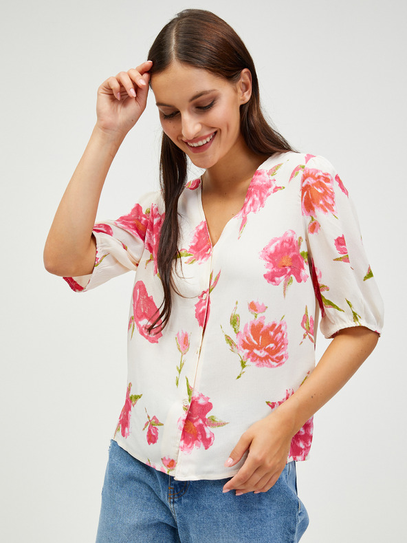 Pieces Krémová kvetinová blúzka so zapínaním na gombíky Pieces Tianna