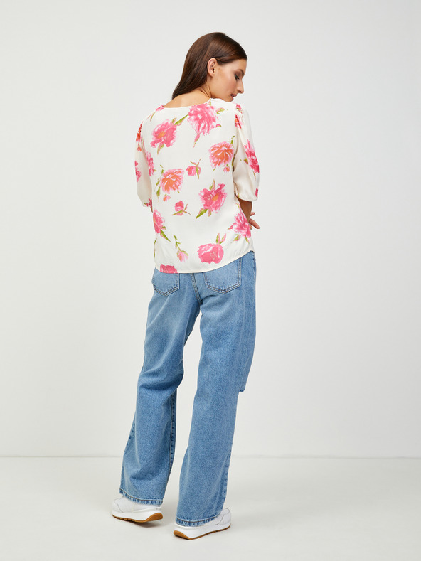 Pieces Krémová kvetinová blúzka so zapínaním na gombíky Pieces Tianna