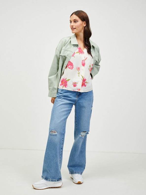 Pieces Krémová kvetinová blúzka so zapínaním na gombíky Pieces Tianna