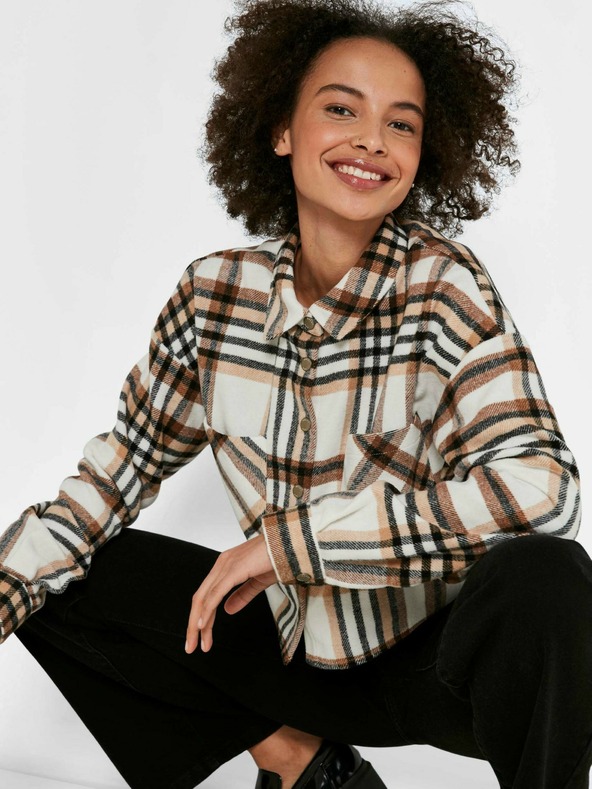Noisy May Hnedá a krémová kockovaná košeľa Noisy May Flanny