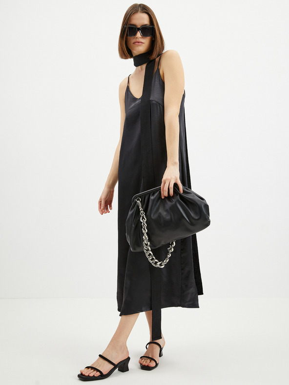 ONLY Čierne dámske saténové midi šaty na ramienka ONLY Cosmo