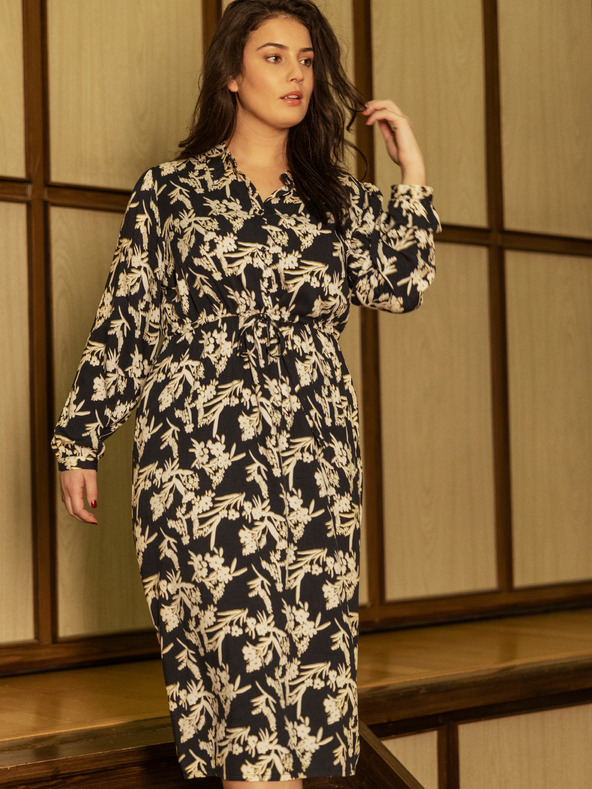 Fransa Krémová a modrá kvetinová košeľa midi s viazankou Fransa