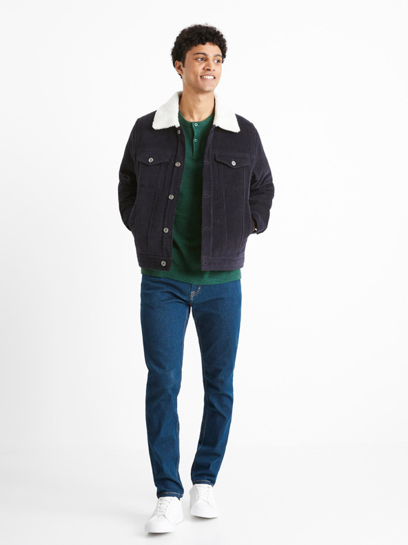 Celio Tmavomodrá pánska manšestrová bunda s kožušinou Celio Cunewjoe