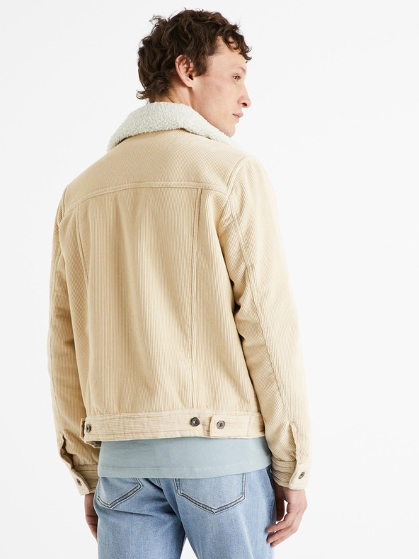 Celio Béžová pánska manšestrová bunda s umelou kožušinou Celio Cunewjoe