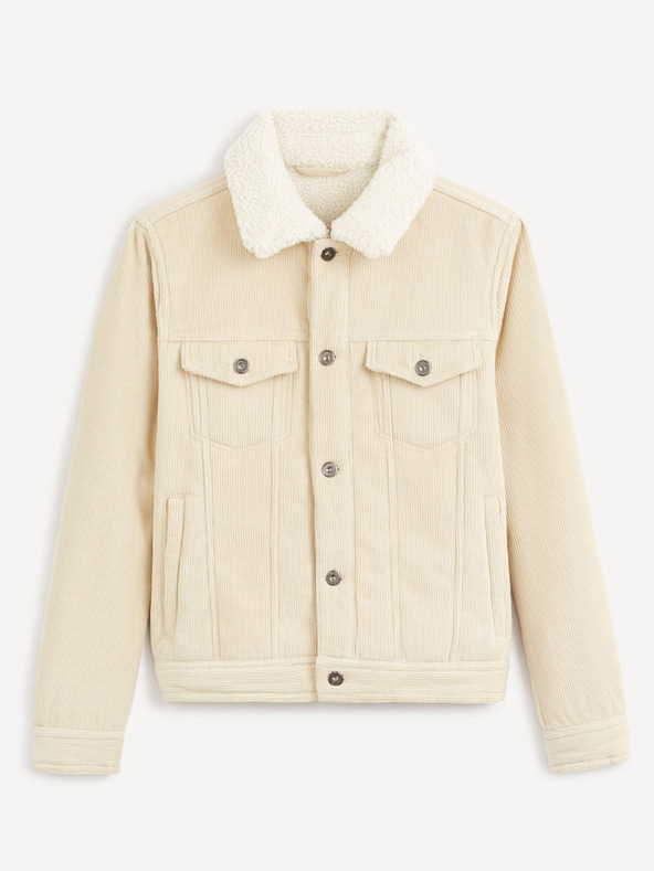 Celio Béžová pánska manšestrová bunda s umelou kožušinou Celio Cunewjoe