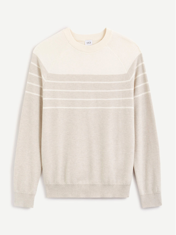 Celio Bielo-krémový pánsky bavlnený pruhovaný sveter Celio Depicray