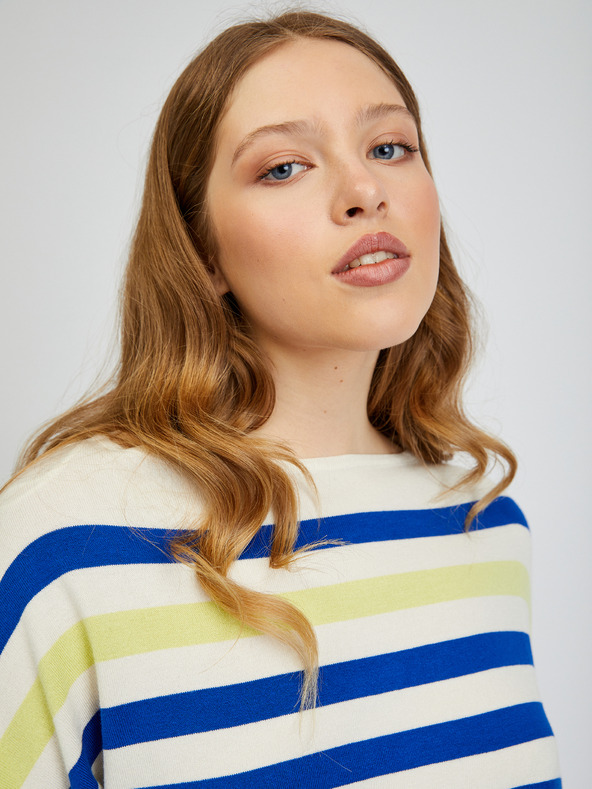 Orsay Modro-smetanový dámsky pruhovaný sveter ORSAY
