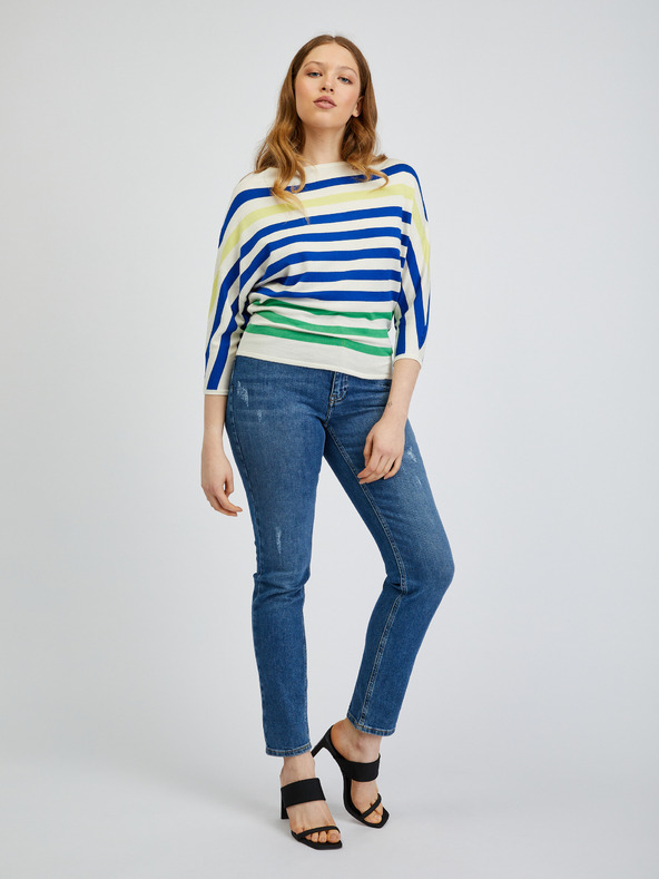 Orsay Modro-smetanový dámsky pruhovaný sveter ORSAY