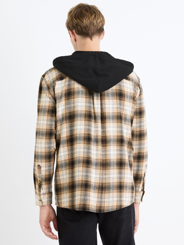 Celio Hnedá pánska kockovaná vrchná košeľa s kapucňou Celio Fapuche