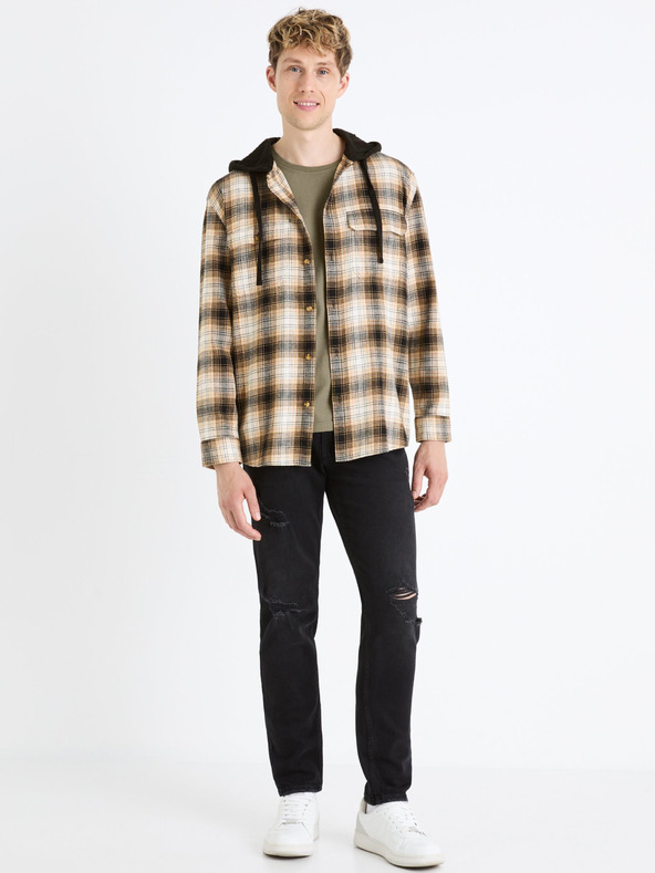 Celio Hnedá pánska kockovaná vrchná košeľa s kapucňou Celio Fapuche