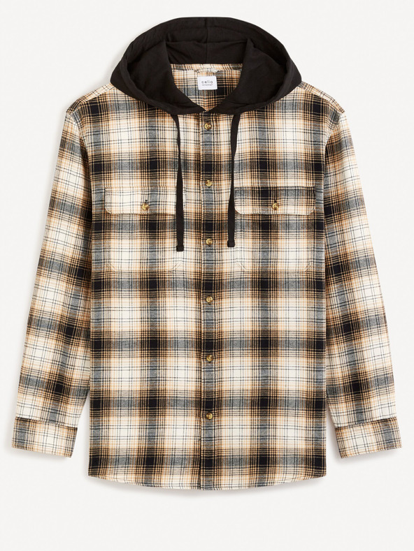Celio Hnedá pánska kockovaná vrchná košeľa s kapucňou Celio Fapuche