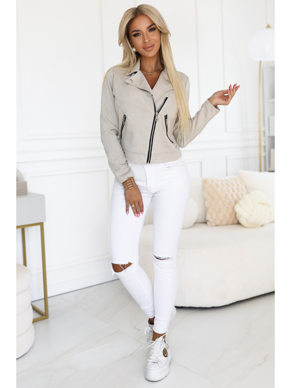 numoco Semišová motorkárska bunda s dlhým rukávom a zipsami - svetlobéžová