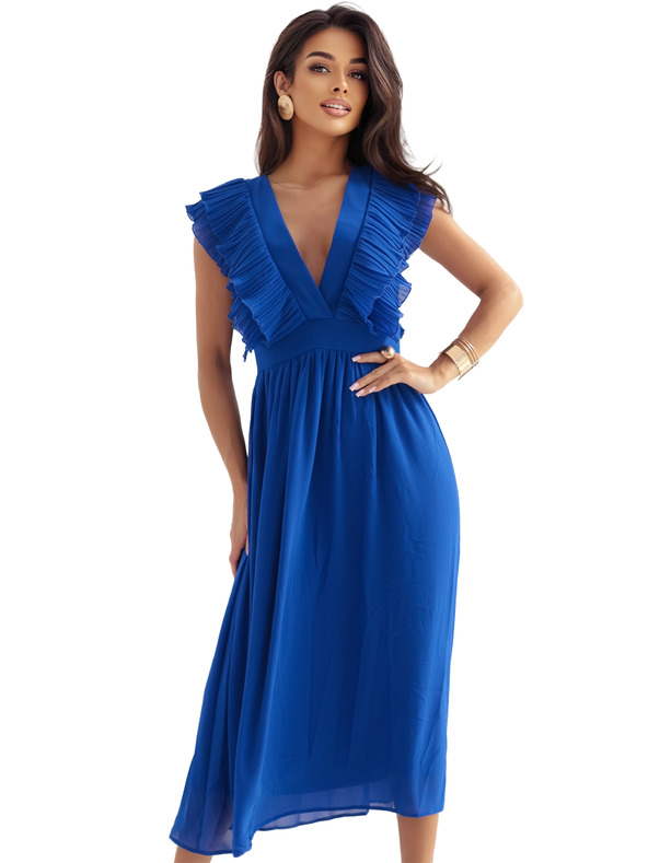 numoco Midi šaty YANA so splývavými volánikmi a výstrihom - chrpovo modré