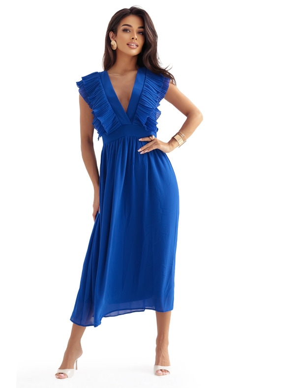 numoco Midi šaty YANA so splývavými volánikmi a výstrihom - chrpovo modré