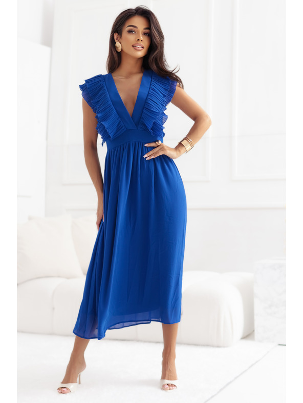 numoco Midi šaty YANA so splývavými volánikmi a výstrihom - chrpovo modré