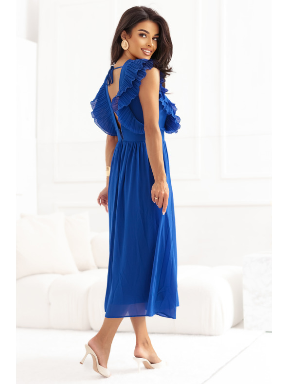 numoco Midi šaty YANA so splývavými volánikmi a výstrihom - chrpovo modré