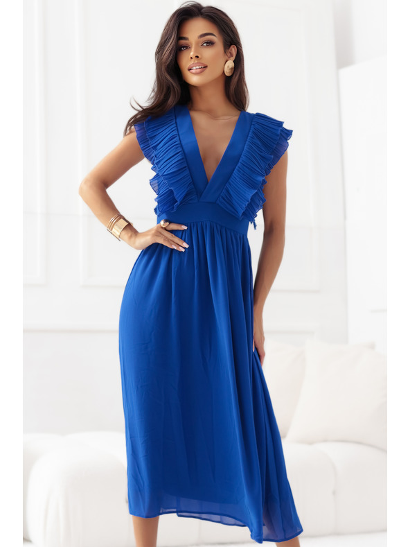 numoco Midi šaty YANA so splývavými volánikmi a výstrihom - chrpovo modré