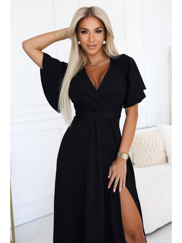 numoco Dlhé šaty JENNIFER s rozparkom - čierne