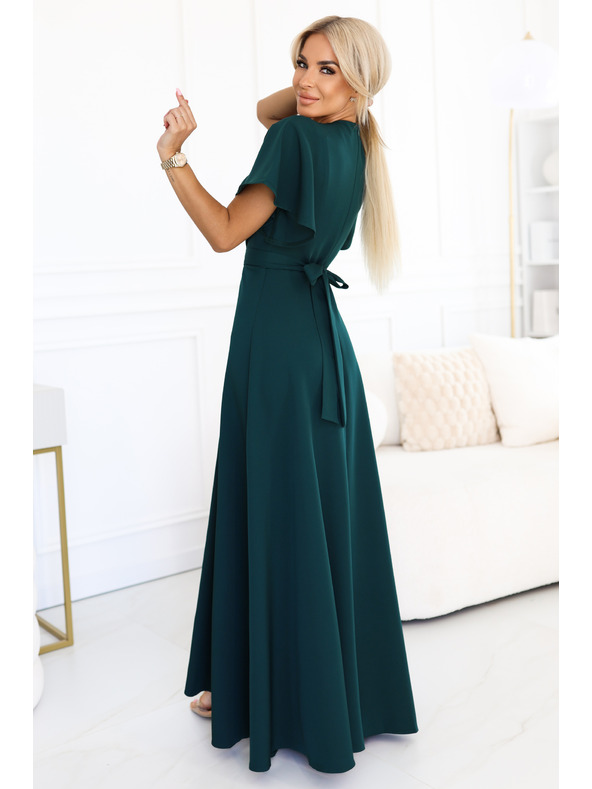 numoco Dlhé šaty JENNIFER s rozparkom - fľaškovozelené