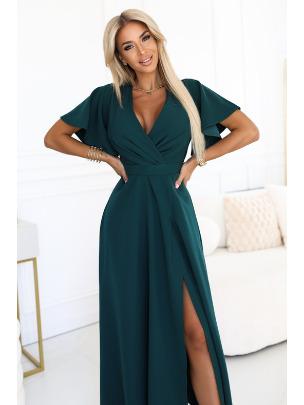 numoco Dlhé šaty JENNIFER s rozparkom - fľaškovozelené