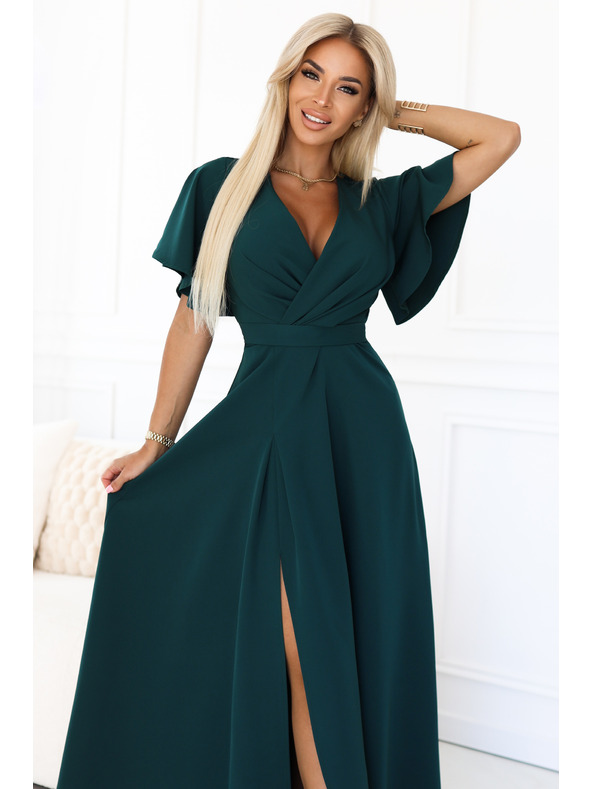 numoco Dlhé šaty JENNIFER s rozparkom - fľaškovozelené