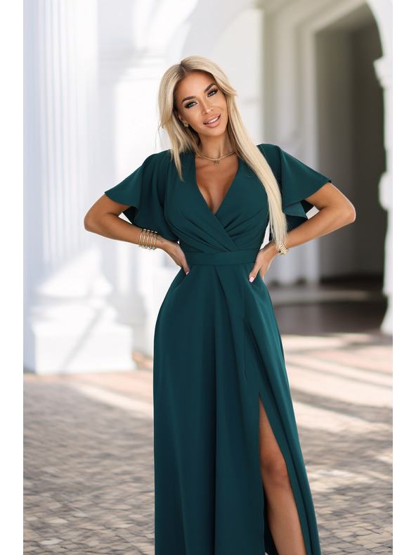 numoco Dlhé šaty JENNIFER s rozparkom - fľaškovozelené