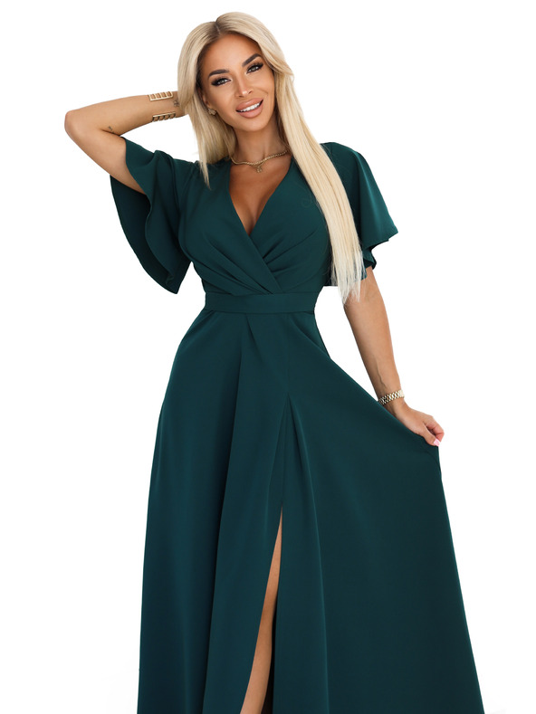 numoco Dlhé šaty JENNIFER s rozparkom - fľaškovozelené