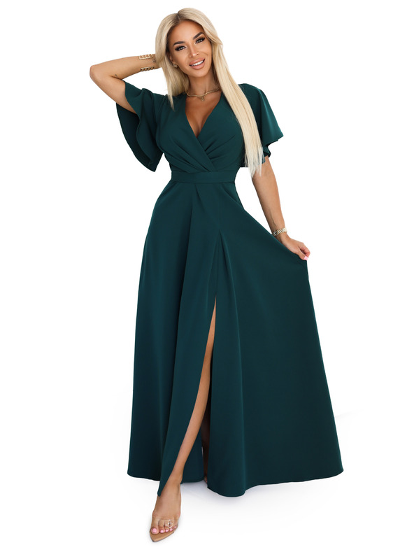 numoco Dlhé šaty JENNIFER s rozparkom - fľaškovozelené