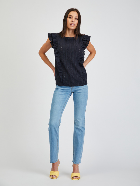 Orsay Tmavomodré dámske tričko s volánom ORSAY