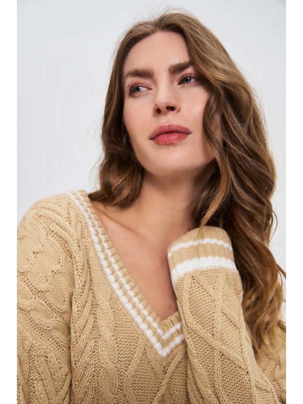 Moodo Dámsky béžový sveter so V-výstrihom Moodo