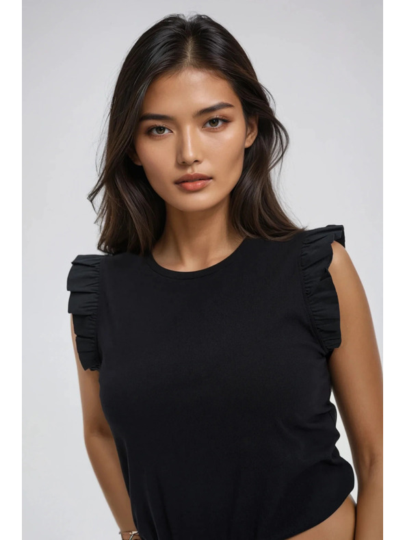 Moodo Dámske čierne bavlnené tričko s volánmi
