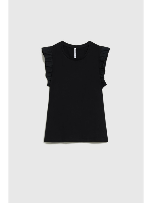 Moodo Dámske čierne bavlnené tričko s volánmi