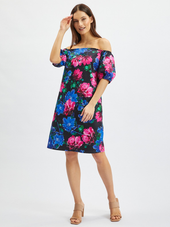 Orsay Ružovo-čierne dámske kvetinové midi šaty ORSAY